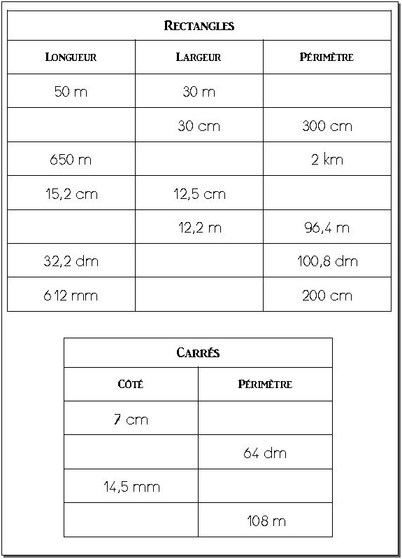 Périmètre carrés et rectangles CM1/CM2